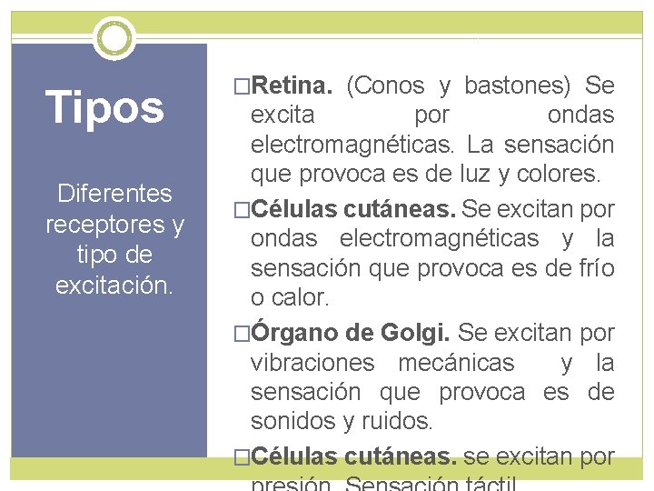 Tipos Diferentes receptores y tipo de excitación. �Retina. (Conos y bastones) Se excita por