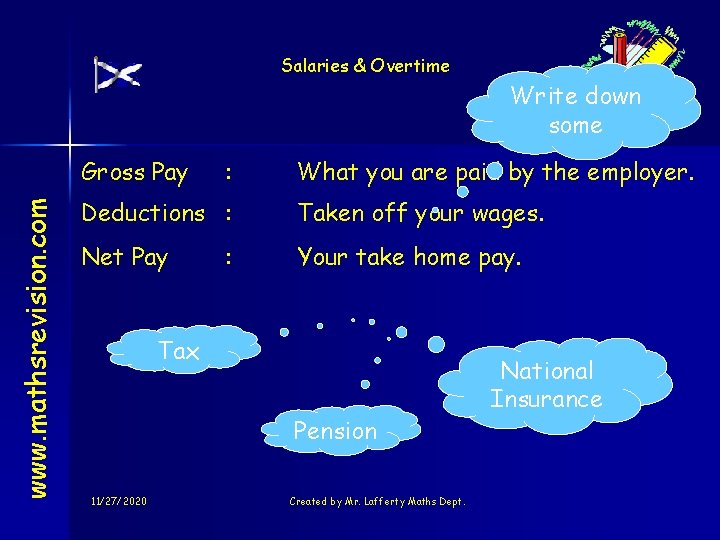 Salaries & Overtime Write down some www. mathsrevision. com Gross Pay : What you