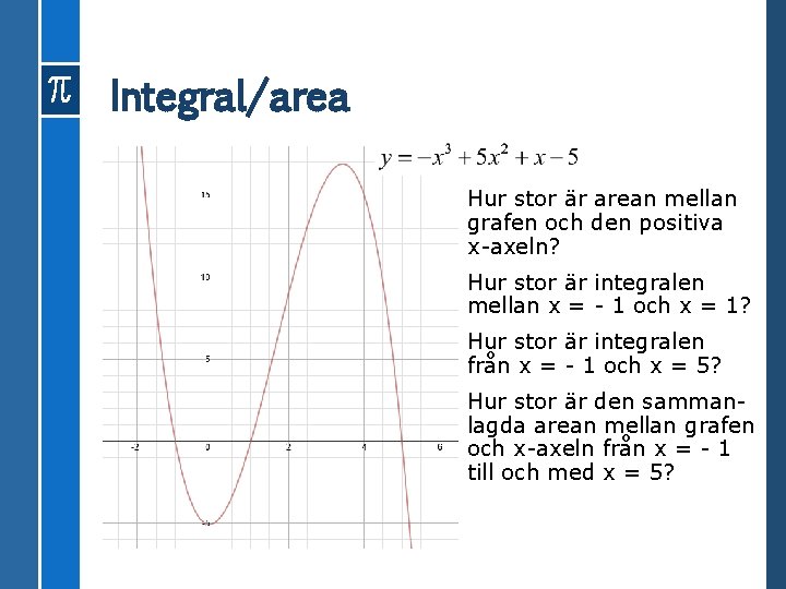 Integral/area Hur stor är arean mellan grafen och den positiva x-axeln? Hur stor är