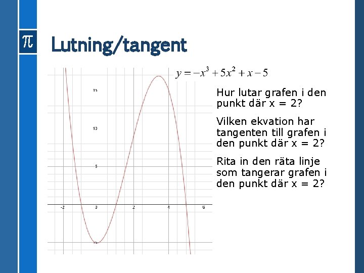 Lutning/tangent Hur lutar grafen i den punkt där x = 2? Vilken ekvation har