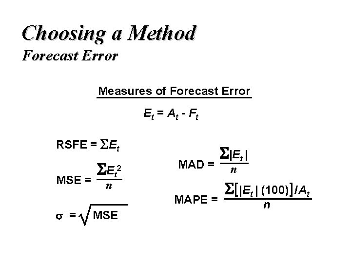 Choosing a Method Forecast Error Measures of Forecast Error E t = At -