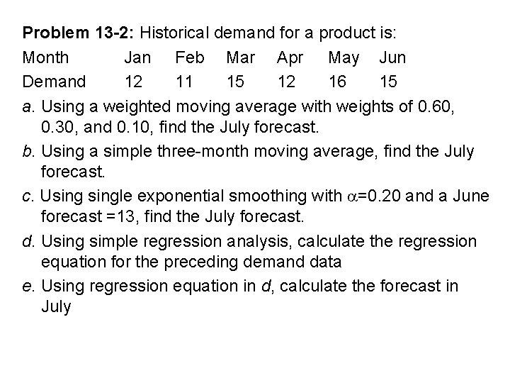 Problem 13 -2: Historical demand for a product is: Month Jan Feb Mar Apr