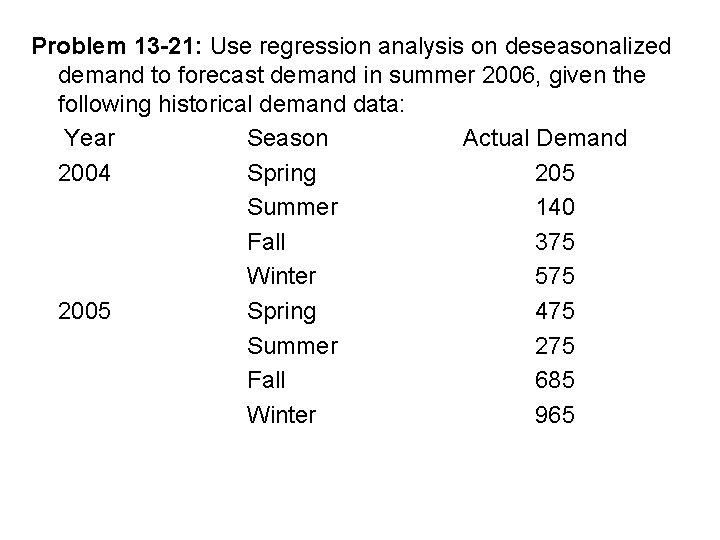 Problem 13 -21: Use regression analysis on deseasonalized demand to forecast demand in summer