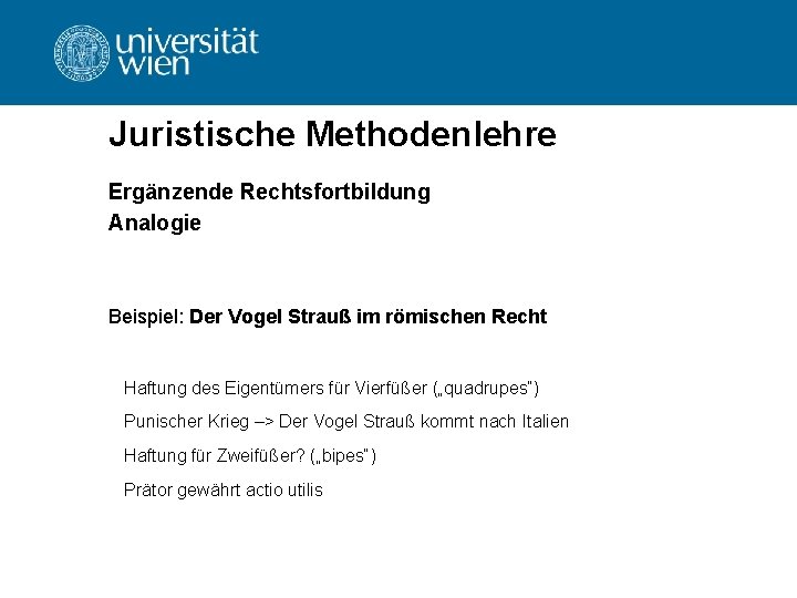 Juristische Methodenlehre Ergänzende Rechtsfortbildung Analogie Beispiel: Der Vogel Strauß im römischen Recht Haftung des