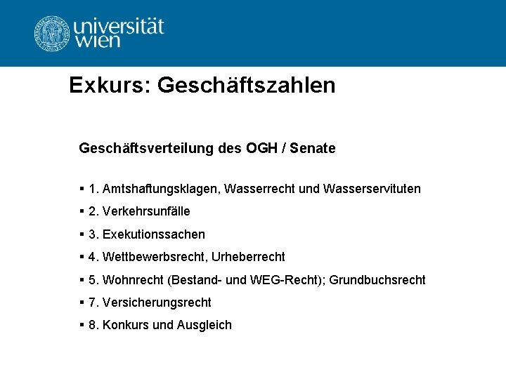 Exkurs: Geschäftszahlen Geschäftsverteilung des OGH / Senate § 1. Amtshaftungsklagen, Wasserrecht und Wasserservituten §