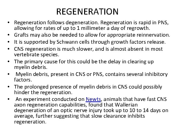 REGENERATION • Regeneration follows degeneration. Regeneration is rapid in PNS, allowing for rates of