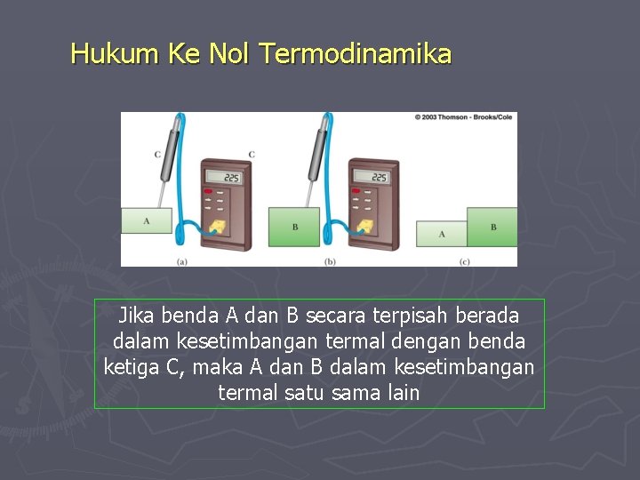 Hukum Ke Nol Termodinamika Jika benda A dan B secara terpisah berada dalam kesetimbangan