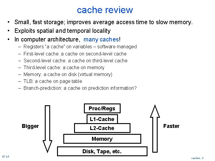 cache review • Small, fast storage; improves average access time to slow memory. •