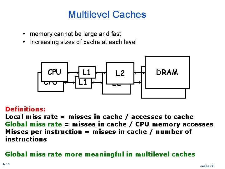 Multilevel Caches • memory cannot be large and fast • Increasing sizes of cache