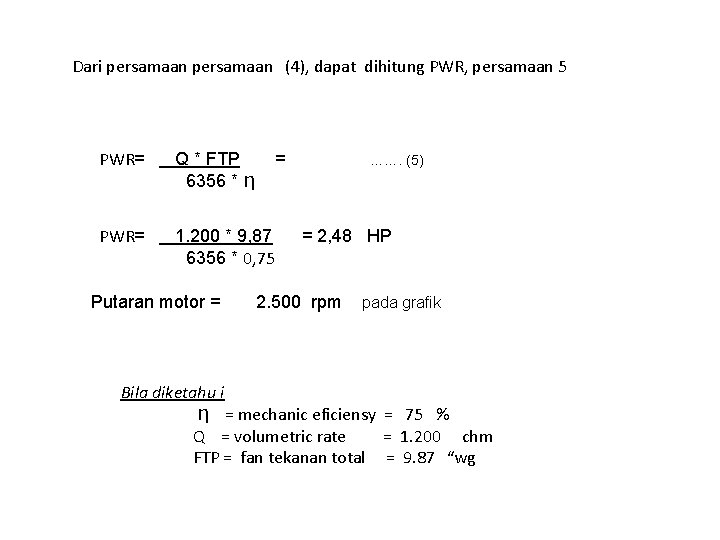 Dari persamaan (4), dapat dihitung PWR, persamaan 5 PWR= Q * FTP = …….