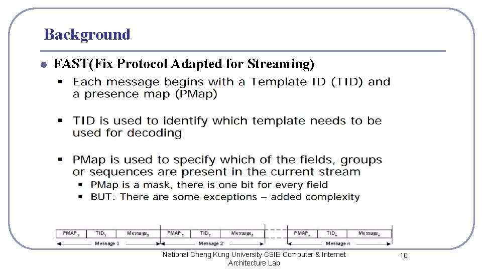 Background l FAST(Fix Protocol Adapted for Streaming) National Cheng Kung University CSIE Computer &