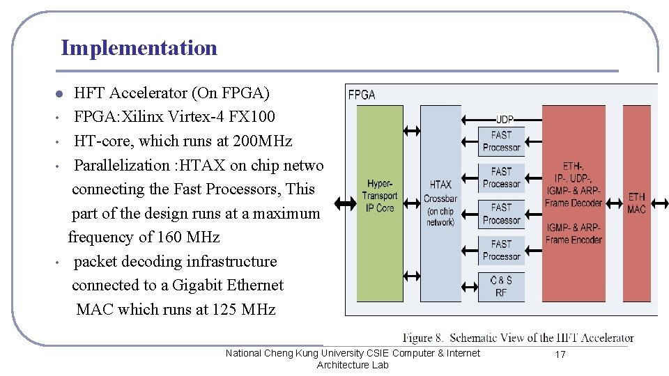 Implementation l • • HFT Accelerator (On FPGA) FPGA: Xilinx Virtex-4 FX 100 HT-core,