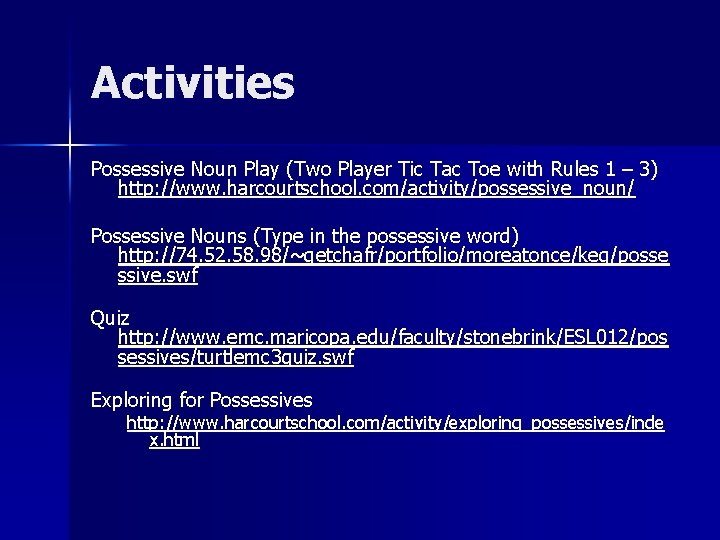 Activities Possessive Noun Play (Two Player Tic Tac Toe with Rules 1 – 3)