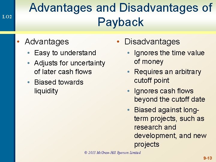 LO 2 Advantages and Disadvantages of Payback • Advantages • Disadvantages • Easy to