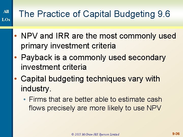 All LOs The Practice of Capital Budgeting 9. 6 • NPV and IRR are