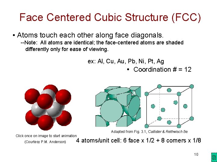 Face Centered Cubic Structure (FCC) • Atoms touch each other along face diagonals. --Note: