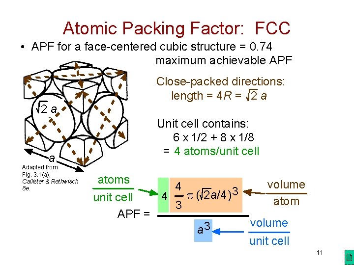 Atomic Packing Factor: FCC • APF for a face-centered cubic structure = 0. 74