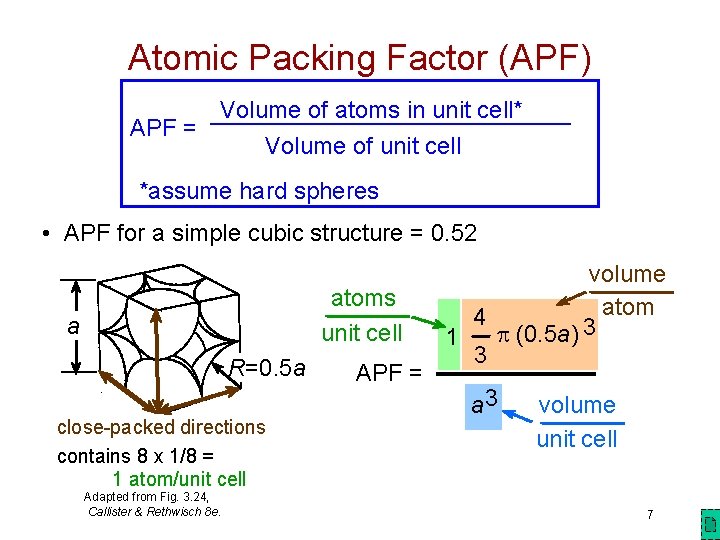 Atomic Packing Factor (APF) Volume of atoms in unit cell* APF = Volume of