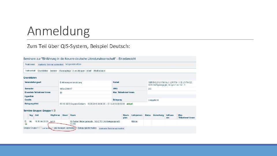 Anmeldung Zum Teil über QIS-System, Beispiel Deutsch: 