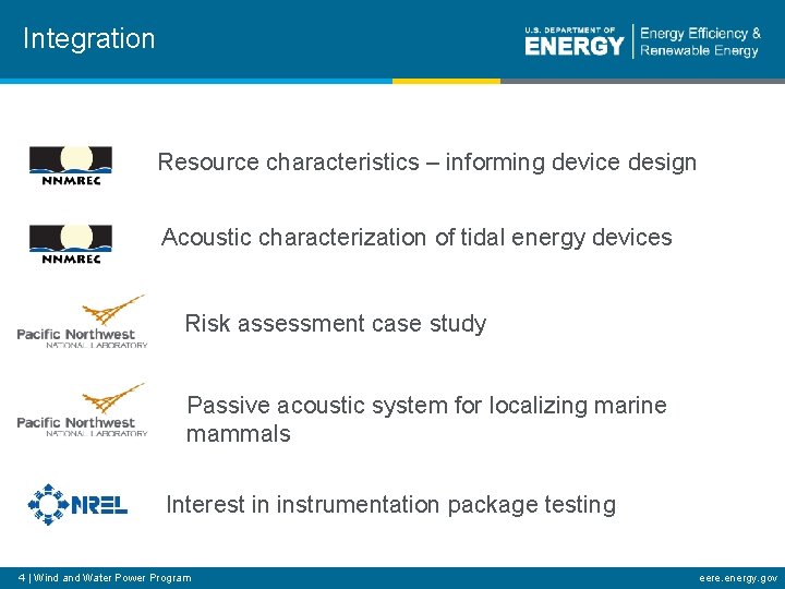 Integration Resource characteristics – informing device design Acoustic characterization of tidal energy devices Risk