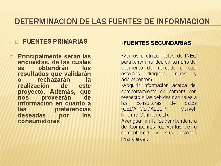 DETERMINACION DE LAS FUENTES DE INFORMACION � � FUENTES PRIMARIAS Principalmente serán las encuestas, DETERMINACION DE LAS FUENTES DE INFORMACION � � FUENTES PRIMARIAS Principalmente serán las encuestas,