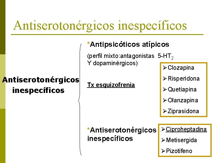 Antiserotonérgicos inespecíficos *Antipsicóticos atípicos (perfil mixto: antagonistas 5 -HT 2 Y dopaminérgicos) ØClozapina Antiserotonérgicos