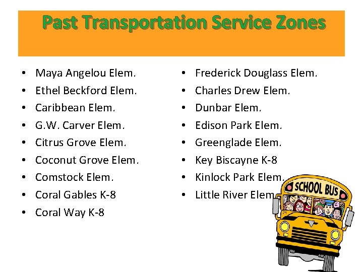 Past Transportation Service Zones • • • Maya Angelou Elem. Ethel Beckford Elem. Caribbean Past Transportation Service Zones • • • Maya Angelou Elem. Ethel Beckford Elem. Caribbean