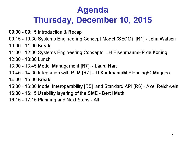 Agenda Thursday, December 10, 2015 09: 00 - 09: 15 Introduction & Recap 09: Agenda Thursday, December 10, 2015 09: 00 - 09: 15 Introduction & Recap 09: