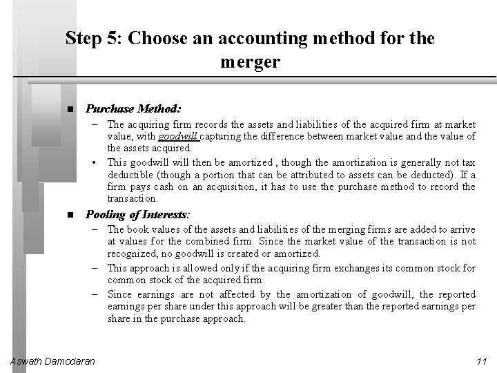 Step 5: Choose an accounting method for the merger Purchase Method: – The acquiring