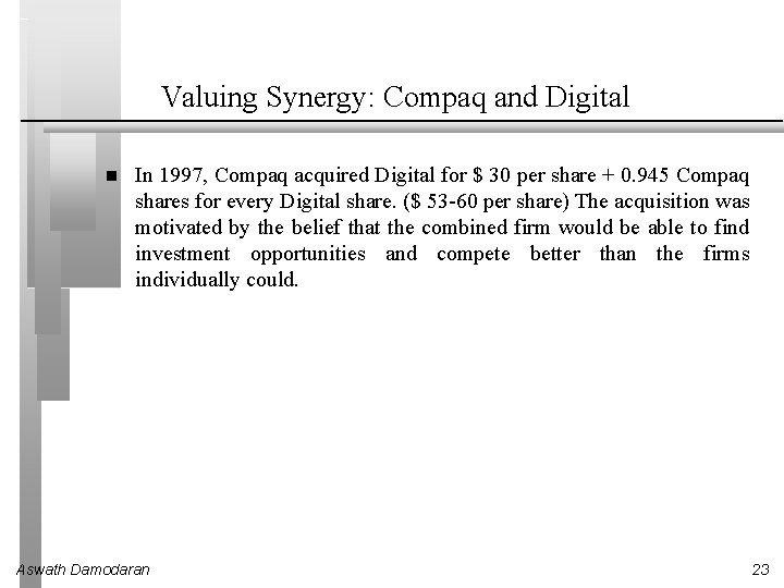 Valuing Synergy: Compaq and Digital In 1997, Compaq acquired Digital for $ 30 per