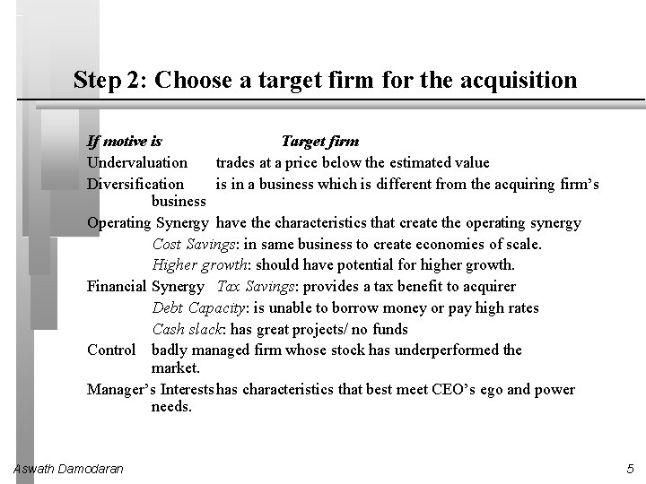 Step 2: Choose a target firm for the acquisition If motive is Target firm