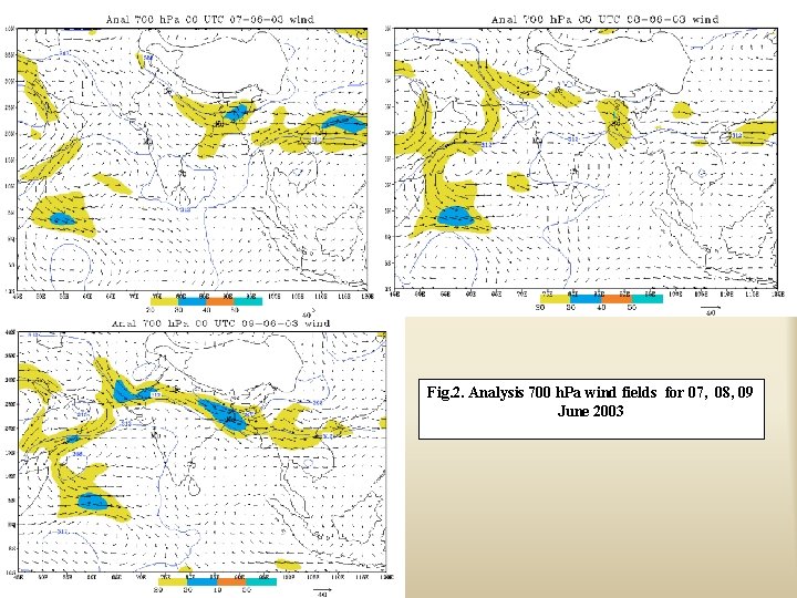 Fig. 2. Analysis 700 h. Pa wind fields for 07, 08, 09 June 2003