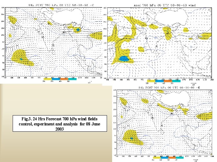 Fig. 3. 24 Hrs Forecast 700 h. Pa wind fields control, experiment and analysis