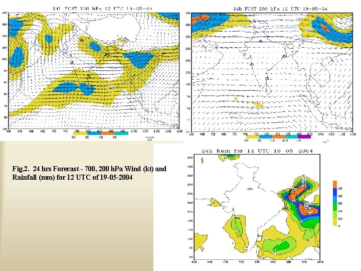 Fig. 2. 24 hrs Forecast - 700, 200 h. Pa Wind (kt) and Rainfall