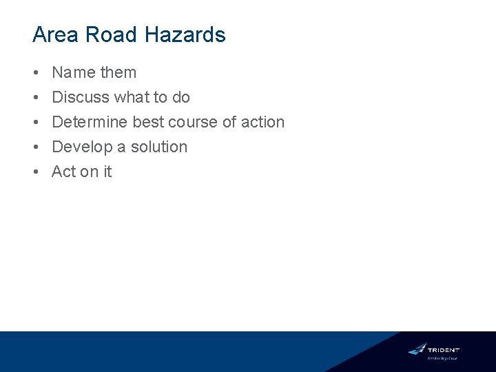 Area Road Hazards • • • Name them Discuss what to do Determine best