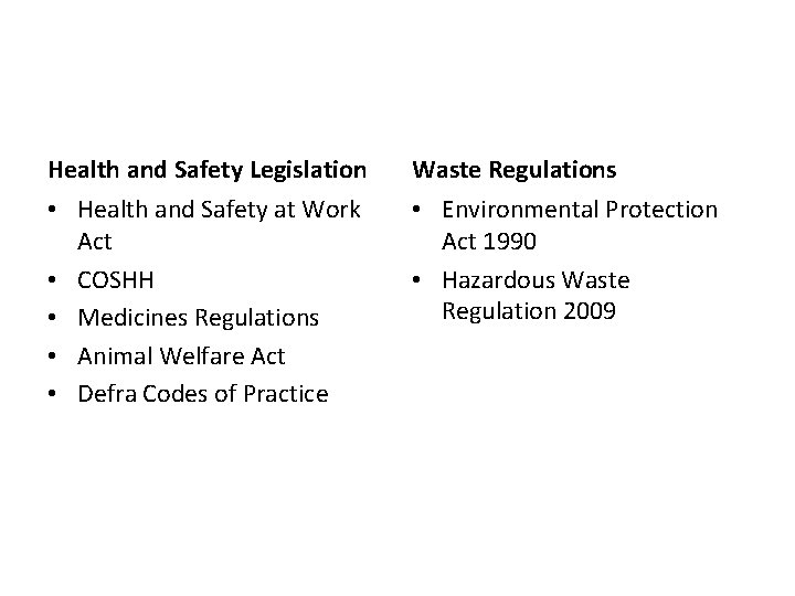 Health and Safety Legislation Waste Regulations • Health and Safety at Work Act •