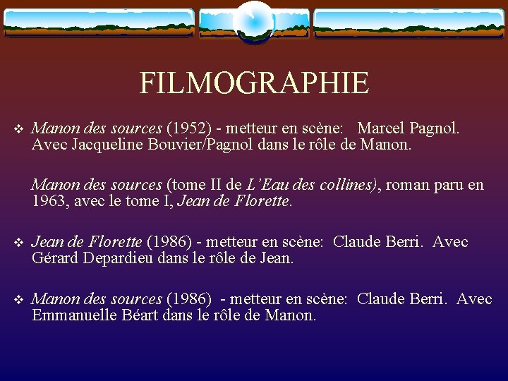 FILMOGRAPHIE v Manon des sources (1952) - metteur en scène: Marcel Pagnol. Avec Jacqueline
