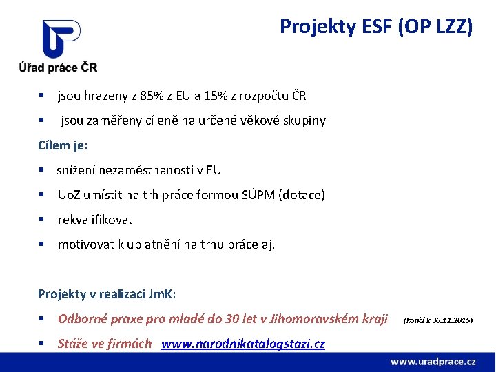 Projekty ESF (OP LZZ) § jsou hrazeny z 85% z EU a 15% z