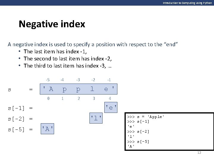 Introduction to Computing Using Python Negative index A negative index is used to specify