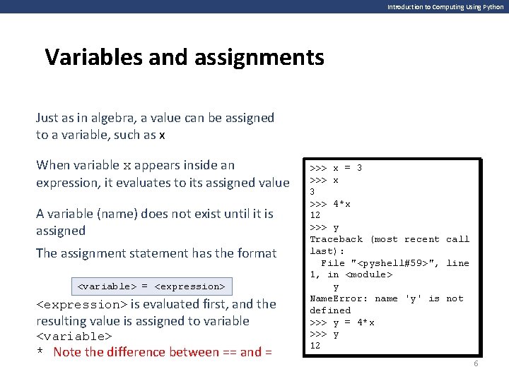 Introduction to Computing Using Python Variables and assignments Just as in algebra, a value