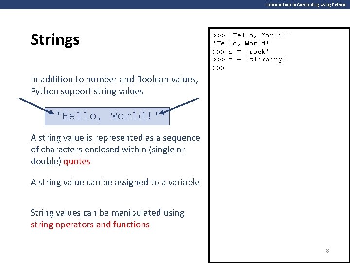 Introduction to Computing Using Python Strings >>> 'Hello, World!' >>> s = 'rock' >>>