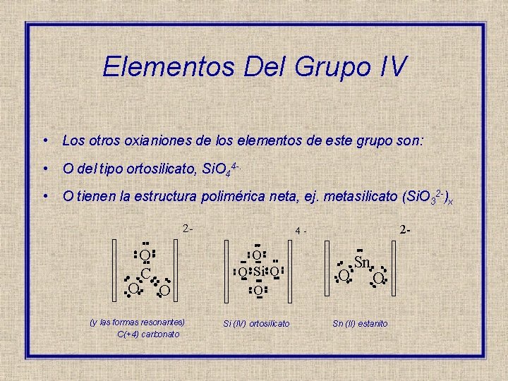 Elementos Del Grupo IV • Los otros oxianiones de los elementos de este grupo