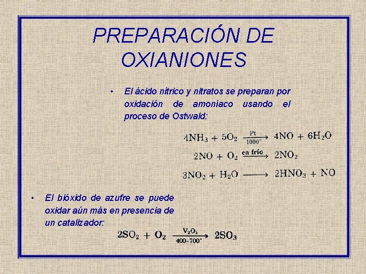 PREPARACIÓN DE OXIANIONES • • El ácido nítrico y nitratos se preparan por oxidación