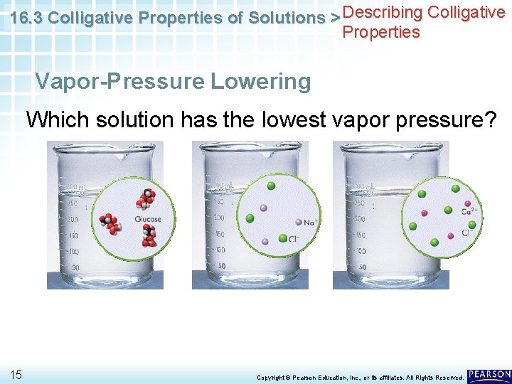 16. 3 Colligative Properties of Solutions > Describing Colligative Properties Vapor-Pressure Lowering Which solution