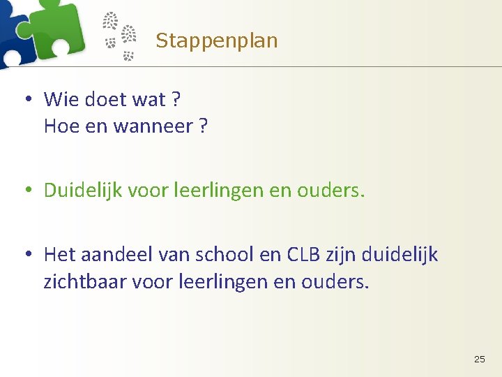 Stappenplan • Wie doet wat ? Hoe en wanneer ? • Duidelijk voor leerlingen