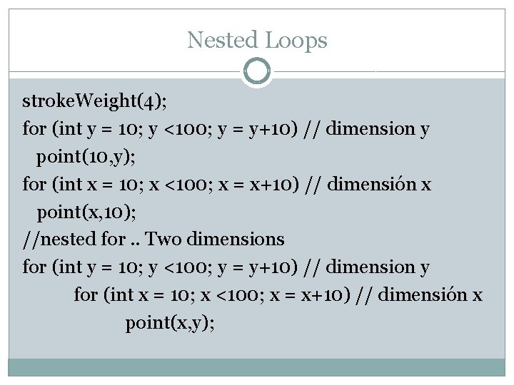 Nested Loops stroke. Weight(4); for (int y = 10; y <100; y = y+10)