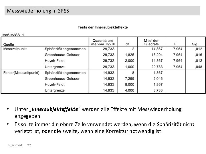 Messwiederholung in SPSS • Unter „Innersubjekteffekte“ werden alle Effekte mit Messwiederholung angegeben • Es