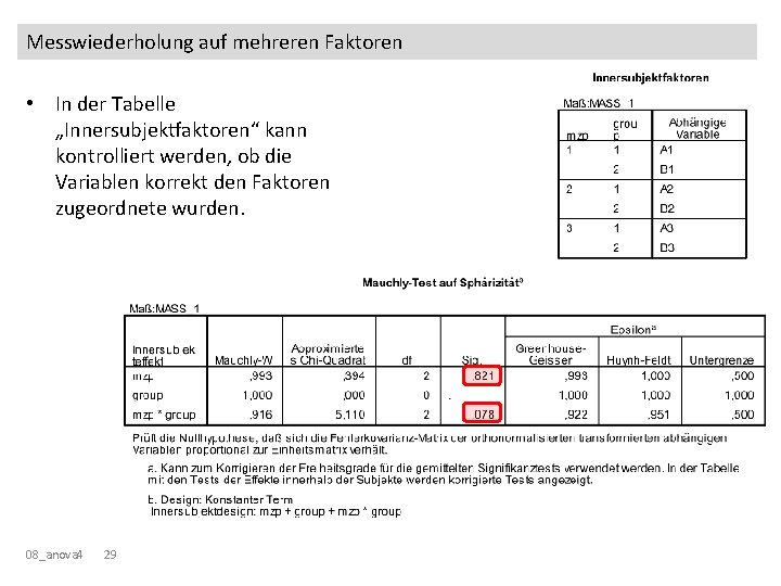 Messwiederholung auf mehreren Faktoren • In der Tabelle „Innersubjektfaktoren“ kann kontrolliert werden, ob die