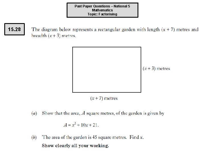 Past Paper Questions – National 5 Mathematics Topic: Factorising 15. 28 