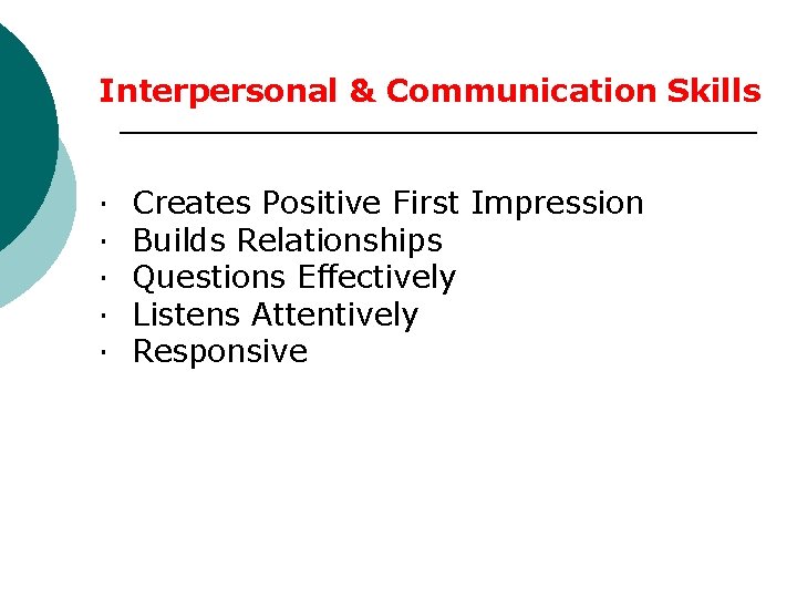 Interpersonal & Communication Skills · Creates Positive First Impression · Builds Relationships · Questions Interpersonal & Communication Skills · Creates Positive First Impression · Builds Relationships · Questions